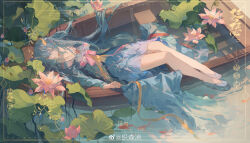 Rule 34 | 1girl, absurdres, blue eyes, blue footwear, blue hair, blue kimono, boat, bow, braid, character request, chinese commentary, closed mouth, commentary request, copyright request, day, fish, flower, frown, full body, goldfish, hair flowing over, highres, horns, japanese clothes, kimono, lake, lily pad, long hair, looking at viewer, lying, on back, outdoors, pink bow, pink flower, pink lips, ribbon, sample watermark, shoes, side braid, simple fish, single braid, solo, very long hair, water lily flower, watercraft, watermark, weibo logo, weibo watermark, yellow horns, yellow ribbon, zhi senliang