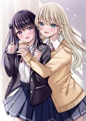 2girls :d arms_around_neck black_bow black_hair black_jacket blazer blue_eyes blue_nails blue_skirt blush bow brown_cardigan brown_hair cardigan collared_shirt commentary_request dress_shirt earrings hair_bow highres jacket jewelry long_hair long_sleeves multiple_girls nail_polish neck_ribbon open_clothes open_jacket open_mouth original pink_nails pleated_skirt puffy_long_sleeves puffy_sleeves purple_eyes red_ribbon ribbon sakura_hiyori school_uniform shirt signature skirt sleeves_past_wrists smile stud_earrings sweat twitter_username very_long_hair white_shirt