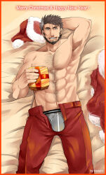 Rule 34 | 1boy, abs, bara, beard, box, bulge, cheekbones, chest hair, christmas, facial hair, feet out of frame, from above, full beard, gift, gift box, grey male underwear, hairy, hat, highres, jacket, kiyoshi (tsuzura802807), large pectorals, light blush, looking at viewer, lying, male focus, male underwear, male underwear peek, mature male, multicolored hair, muscular, muscular male, navel, navel hair, no nipples, old, old man, on back, on bed, original, pectorals, red hat, santa costume, santa hat, seductive smile, short hair, smile, solo, stomach, streaked hair, thick beard, thick eyebrows, topless male, underwear, unworn jacket