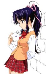 Rule 34 | 00s, 1girl, against wall, arm behind back, blue hair, book, bow, bowtie, brick wall, dress shirt, from side, hair ribbon, hair tie, haruka (sister princess), holding, holding book, leaning back, long hair, long sleeves, plaid, plaid skirt, ponytail, purple eyes, ribbon, shirt, sidelocks, sister princess, skirt, solo, vest