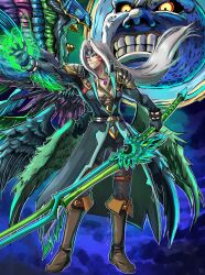 Rule 34 | alternate color, alternate costume, alternate eye color, alternate weapon, armor, aura, black eyes, black sclera, blue gemstone, boots, chest jewel, chest strap, clenched teeth, colored sclera, corruption, crescent, crossover, dark persona, double helix, evil smile, facial tattoo, feathered wings, fierce deity, final fantasy, final fantasy vii, frown, gem, glowing, glowing hand, hal laboratory, highres, holding, holding sword, holding weapon, jacket, long hair, looking to the side, majora (entity), moon, multicolored wings, nintendo, no pupils, open clothes, open jacket, pauldrons, possessed, possession, purple gemstone, sephiroth, shoulder armor, smile, square enix, stoic seraphim, super smash bros., sword, tattoo, teeth, the legend of zelda, the legend of zelda: majora&#039;s mask, triangle, weapon, white eyes, white hair, wings, wrist guards, yellow eyes, yellow sclera
