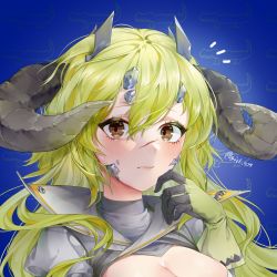 Rule 34 | 1girl, arknights, blonde hair, blue background, blush, breasts, brown eyes, cleavage, commentary request, estelle (arknights), gloves, hair between eyes, hand up, highres, horns, large breasts, long hair, looking at viewer, portrait, scar, scar on face, sill (siii 404), solo