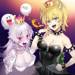 Rule 34 | 2girls, armlet, bare shoulders, black dress, black nails, blonde hair, blue eyes, blush, bowsette, bracelet, breasts, cleavage, collar, collarbone, covered navel, covering face, crown, dress, earrings, closed eyes, fire, frilled dress, frills, gloves, hand on own hip, horns, jewelry, large breasts, long hair, looking at viewer, luigi&#039;s mansion, mario (series), mini crown, multiple girls, nail polish, new super mario bros. u deluxe, nintendo, open mouth, pointy ears, ponytail, princess king boo, puffy short sleeves, puffy sleeves, red eyes, sharp teeth, short sleeves, sleeveless, sleeveless dress, smile, spiked armlet, spiked bracelet, spiked collar, spiked shell, spikes, strapless, strapless dress, super crown, sweatdrop, teeth, text focus, tokki, tongue, tongue out, upper body, white dress, white gloves, white hair