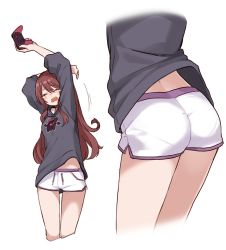 1girl, arms up, ass, ass focus, black hoodie, brown hair, controller, cropped legs, dolphin shorts, eyes closed, female focus, game controller, hood, hoodie, idolmaster, idolmaster shiny colors, long hair, multiple views, osaki tenka, open mouth, print hoodie, shorts, simple background, solo, stretch, tears, thigh gap, white background, white shorts, yareru babaa, yawning