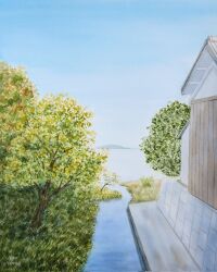 Rule 34 | blue sky, building, forest, highres, house, island, nature, no humans, ocean, original, painting (medium), plant, shore, sky, traditional media, tree, water, watercolor (medium), yamaji nao