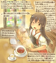 Rule 34 | 10s, 1girl, ;d, akagi (kancolle), brown eyes, brown hair, commentary request, cup, curry, dated, food, hakama, hakama skirt, holding, holding food, japanese clothes, kantai collection, kirisawa juuzou, long hair, muneate, nontraditional miko, numbered, one eye closed, open mouth, red hakama, sitting, skirt, smile, solo, tasuki, teacup, traditional media, translation request, twitter username
