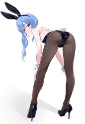Rule 34 | 1girl, absurdres, alternate costume, animal ear hairband, animal ears, ass, backless leotard, bare shoulders, black footwear, black leotard, black pantyhose, blue hair, blush, breasts, closed mouth, fake animal ears, fake tail, fawny, from behind, hands on own knees, high heels, highres, hololive, hoshimachi suisei, leaning forward, legs, leotard, long hair, looking at viewer, looking back, pantyhose, playboy bunny, rabbit ear hairband, rabbit ears, rabbit tail, side ponytail, simple background, small breasts, solo, standing, strapless, strapless leotard, tail, virtual youtuber, white background, white wrist cuffs, wrist cuffs