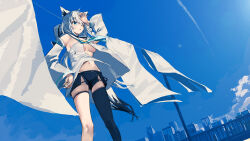 Rule 34 | 1girl, absurdres, ahoge, animal ear fluff, animal ears, aqua eyes, black shorts, black thighhighs, blue neckerchief, blue sky, braid, breasts, cityscape, clear sky, clothes pin, clothesline, commentary, contrail, day, detached sleeves, drying, dutch angle, feet out of frame, fox ears, fox girl, fox tail, hair between eyes, hand on own head, hand on own hip, hand up, highres, hololive, laundry, long hair, long sleeves, looking to the side, medium breasts, neckerchief, one eye closed, outdoors, parted lips, pentagram, shirakami fubuki, shirakami fubuki (1st costume), short shorts, shorts, side braid, sidelocks, single thighhigh, sky, solo, standing, susukawa (susucawa), symbol-only commentary, tail, thigh strap, thighhighs, virtual youtuber, white hair, white sleeves, wide sleeves