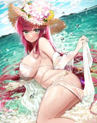 Rule 34 | 1girl, azur lane, bare shoulders, berrypop, bikini, blush, breasts, chanel, closed mouth, commentary, flower, green eyes, hair between eyes, hat, hat flower, large breasts, long hair, looking at viewer, red hair, shiny skin, signature, smile, solo, straw hat, sun hat, surcouf (azur lane), surcouf (loisirs balneaires) (azur lane), swimsuit, thighs, very long hair, water, wet, white bikini