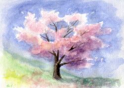 Rule 34 | amima amita, blue sky, cherry blossoms, day, highres, no humans, original, painting (medium), plant, sky, sunlight, traditional media, tree, watercolor (medium)