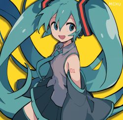 Rule 34 | 1girl, aqua eyes, aqua hair, arm tattoo, bare shoulders, blue eyes, blue hair, character name, detached sleeves, floating hair, hair between eyes, hair ornament, hatsune miku, highres, long hair, looking to the side, necktie, open mouth, pleated skirt, red pupils, shirt, skirt, sleeves past fingers, sleeves past wrists, smile, solo, tattoo, thighhighs, toukashi (2tou9), twintails, very long hair, vocaloid, yellow background