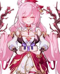 1girl bell braid branch breasts cherry_blossoms chinese_clothes closed_eyes closed_mouth commentary_request cowboy_shot dduehddueh dress elf elysia_(herrscher_of_human:_ego)_(honkai_impact) elysia_(honkai_impact) elysia_(peachy_spring)_(honkai_impact) flower gift hair_bell hair_flower hair_ornament highres holding holding_gift honkai_(series) honkai_impact_3rd korean_text large_breasts long_sleeves official_alternate_costume parted_lips pointy_ears puffy_long_sleeves puffy_sleeves red_dress simple_background single_braid smile solo speech_bubble white_background