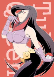 Rule 34 | 1girl, black hair, breasts, creatures (company), game freak, gloves, ihara shigekatsu, long hair, looking at viewer, lucy (pokemon), midriff, nintendo, poke ball, pokemon, pokemon emerald, pokemon rse, red eyes, solo, tagme, thick thighs, thighs, wide hips