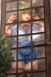 Rule 34 | 1girl, against door, against glass, anna miller, blue eyes, breast press, breasts, breasts on glass, bush, cheek press, cheek squash, commentary request, daiyousei, green hair, hair ribbon, half-closed eyes, highres, huge breasts, long hair, miniskirt, open mouth, ponytail, ribbon, sexually suggestive, shounen (hogehoge), skirt, solo, thighhighs, tongue, touhou, waitress