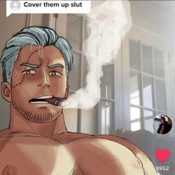 Rule 34 | 1boy, bara, brown eyes, cigarette, cover them up slut (meme), cross scar, facial hair, grey hair, large pectorals, looking at viewer, male focus, meme, muscular, muscular male, nipples, one piece, pectoral focus, pectorals, scar, scar on chest, scar on face, short hair, smoker (one piece), smoking, smokussy, solo, stubble, teeth, upper body