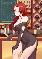 Rule 34 | 1girl, ai-chan (honkai impact), alcohol, bar (place), bare shoulders, black dress, black gloves, bottle, breasts, casual, chalkboard, choker, cleavage, closed mouth, collarbone, covered navel, cup, dress, drinking glass, earrings, elbow gloves, gloves, hair over shoulder, highres, holding, holding cup, honkai (series), honkai impact 3rd, indoors, jewelry, large breasts, leaning forward, liu lan, long hair, looking at viewer, murata himeko, necklace, off-shoulder dress, off shoulder, parted bangs, pelvic curtain, red hair, side slit, sidelocks, smile, solo, stool, yellow eyes