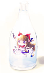 Rule 34 | 1girl, bottle, bow, brown hair, chain, female focus, full body, girl in bottle, gradient background, hair bow, highres, horns, ibuki suika, in bottle, in container, long hair, solo, touhou, white background, yume shokunin