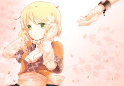 Rule 34 | 1girl, arm warmers, atoki, blonde hair, chain, cuffs, female focus, flower, green eyes, hair flower, hair ornament, hoshiguma yuugi, md5 mismatch, mizuhashi parsee, open mouth, out of frame, petals, pointy ears, resolution mismatch, scarf, short hair, short sleeves, solo focus, source larger, touhou