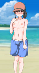 Rule 34 | 1girl, artist request, beach, black hair, blue male swimwear, blue sky, blue swim trunks, blurry, blurry background, blush, breasts, closed mouth, cloud, cloudy sky, day, drawstring, embarrassed, female focus, hand on own chest, highres, legs, looking at viewer, male swimwear, male swimwear challenge, medium hair, nipples, ocean, original, outdoors, ponytail, red eyes, sand, sky, small breasts, solo, source request, standing, sweat, swim trunks, swimsuit, tagme, topless, water