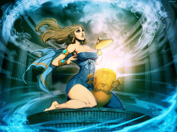 Rule 34 | 1girl, armlet, bare shoulders, barefoot, blue dress, blue eyes, blue nails, bracer, braid, breasts, brown hair, cleavage, container, dress, earrings, full body, genzoman, ghost, greek mythology, jewelry, kneeling, large breasts, long hair, nail polish, pandora (mythology), parted lips, pillar, sash, side slit, signature, sitting, solo, strapless, strapless dress, taut clothes, taut dress, thighs, wind