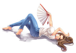 Rule 34 | 1girl, alternate costume, arm up, barefoot, breasts, brown eyes, brown hair, casual, denim, fatal fury, folding fan, from side, full body, hair intakes, hand fan, hand on own head, holding, holding fan, jeans, knees up, large breasts, long hair, looking at viewer, lying, on back, pants, ponytail, shinkaui, shiranui mai, shirt, simple background, smile, snk, soles, solo, the king of fighters