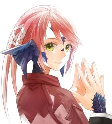 Rule 34 | 1girl, au ra, cirina mol, dragon horns, eyebrows hidden by hair, final fantasy, final fantasy xiv, from behind, green eyes, hair between eyes, highres, horns, jacket, light smile, lips, long hair, looking at viewer, looking back, ojiki, orange hair, own hands together, red jacket, scales, simple background, solo, upper body, white background