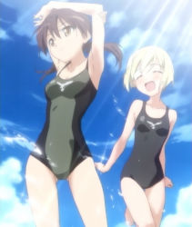 Rule 34 | 00s, 2girls,  series, armpits, blonde hair, brown eyes, brown hair, closed eyes, cloud, day, erica hartmann, artistic error, gertrud barkhorn, multiple girls, non-web source, one-piece swimsuit, screencap, short hair, sky, smile, stitched, strike witches, swimsuit, third-party edit, twintails, world witches series