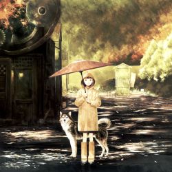 Rule 34 | 1girl, bad id, bad pixiv id, dog, gears, husky, koyori (artist), kusanagi koyori, oil-paper umbrella, original, petals, raincoat, solo, umbrella