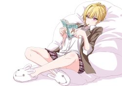 Rule 34 | 1girl, animal slippers, bare legs, blazer, blonde hair, book, brown jacket, commentary request, crossed ankles, cushion, food, food in mouth, highres, holding, holding book, idolmaster, idolmaster shiny colors, jacket, kanzaki kouichi, leaning back, legs, oversized object, plaid, plaid skirt, pleated skirt, pocky, pocky in mouth, reading, saijo juri, school uniform, shirt, short hair, sitting, skirt, slippers, solo, white shirt