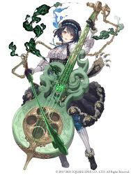 Rule 34 | alice (sinoalice), ankle boots, blue hair, boots, bow (music), breasts, cello, chain, dark blue hair, dress, frills, full body, fur trim, hat, highres, instrument, ji no, looking at viewer, male focus, medium breasts, music, official art, open mouth, playing instrument, red eyes, see-through, short hair, sinoalice, solo, square enix, teeth, upper teeth only, white background