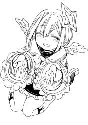 Rule 34 | 1girl, amane kanata, angel, angel wings, blush, closed eyes, from above, full body, hair ornament, hololive, kneeling, lineart, long sleeves, monochrome, open mouth, puffy sleeves, shoes, short hair, skirt, smile, socks, solo, sturkey, uniform, virtual youtuber, wings