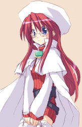 Rule 34 | 1girl, aty, aty (summon night), blue eyes, brooch, cape, gem, glasses, hat, jewelry, long hair, looking at viewer, lowres, red hair, satou kibi, solo, summon night, summon night 3, thighhighs