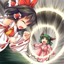 Rule 34 | 2girls, animal ears, ascot, behemoth the king of all animals, bow, brown hair, clenched hands, derivative work, detached sleeves, dog ears, dress, duel monster, closed eyes, fun bo, green eyes, green hair, hair bow, hair tubes, hakurei reimu, kasodani kyouko, manticore of darkness, multiple girls, open mouth, parody, ribbon-trimmed sleeves, ribbon trim, shouting, sound wave, sweatdrop, threatening roar, touhou, wince, yu-gi-oh!