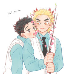 Rule 34 | 2boys, black hair, black necktie, blonde hair, blue shirt, branch, closed mouth, collared shirt, colored tips, eating flower, eye contact, flipped hair, flower, flower request, forked eyebrows, head on another&#039;s shoulder, holding, holding branch, illiillllililll, kamado sumihiko, kimetsu no yaiba, leaning forward, leaning on person, long sleeves, looking at another, male focus, multicolored hair, multiple boys, necktie, open mouth, orange eyes, pink flower, red eyes, red hair, rengoku toujurou, shirt, short hair, simple background, smile, streaked hair, sweater vest, upper body, white background