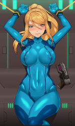 Rule 34 | 1girl, arms up, blonde hair, blue bodysuit, blush, bodysuit, breasts, closed mouth, covered erect nipples, covered navel, green eyes, gun, hair between eyes, high ponytail, impossible bodysuit, impossible clothes, knees up, long hair, looking at viewer, lying, medium breasts, metroid, mole, mole under mouth, nintendo, nose blush, nt00, on back, ponytail, restrained, samus aran, shiny clothes, skin tight, solo, swept bangs, turtleneck, weapon, zero suit
