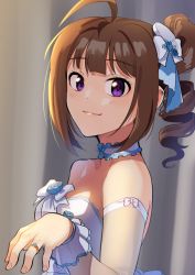 Rule 34 | 1girl, ahoge, bare shoulders, blue ribbon, brown hair, choker, closed mouth, commentary, detached sleeves, dress, drill hair, engagement ring, frilled choker, frills, from side, hair ribbon, idolmaster, idolmaster million live!, jewelry, kamille (vcx68), looking at viewer, medium hair, ornate ring, purple eyes, ribbon, ring, side drill, side ponytail, sidelocks, smile, solo, strapless, strapless dress, upper body, white choker, white dress, white sleeves, yokoyama nao