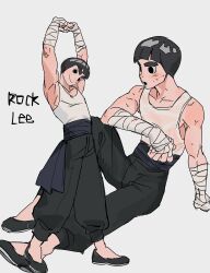 Rule 34 | 1boy, :&gt;, absurdres, armpits, bandaged hand, bandages, biceps, black footwear, black hair, black pants, blue sash, bowl cut, character name, collarbone, full body, highres, hqzt22340256, looking at viewer, naruto (series), open mouth, pants, rock lee, sash, see-through, shoes, simple background, sitting, solo, stretching, sweat, tank top, thick eyebrows, white background, white tank top