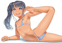 Rule 34 | 1girl, barefoot, bikini, blue bikini, blue eyes, blue hair, commentary request, flat chest, long hair, looking at viewer, lying, micro bikini, navel, on side, open mouth, original, side ponytail, simple background, smile, solo, stretching, swimsuit, tan, uzuki mei, white background