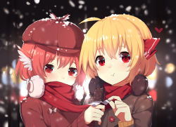 Rule 34 | 2girls, ahoge, blonde hair, candy, casual, chocolate, chocolate bar, contemporary, earmuffs, food, hair ribbon, hat, highres, holding, holding food, jacket, multiple girls, mystia lorelei, pink hair, red eyes, red ribbon, red scarf, ribbon, rumia, scarf, sh (shinh), shared clothes, shared scarf, short hair, snowing, touhou, upper body