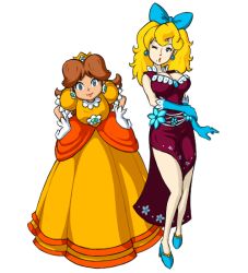 Rule 34 | 2girls, blonde hair, blue eyes, bow, breasts, brown hair, captain rainbow, cleavage, crazy tracy, crown, dress, earrings, flower earrings, full body, gloves, grin, hand on own hip, high heels, jewelry, legs, lipstick, looking at viewer, makeup, mario (series), multiple girls, nintendo, one eye closed, orange dress, princess daisy, puffy short sleeves, puffy sleeves, purple skirt, short sleeves, skirt, smile, super mario land, the legend of zelda: link&#039;s awakening, thighs, wink