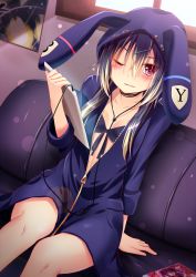Rule 34 | 1girl, ;), akine (kuroyuri), animal hood, arm support, bikini, bikini under clothes, black bikini, black hair, blush, bottomless, breasts, rabbit hood, center opening, collarbone, couch, earphones, gradient hair, hair ornament, hairclip, highres, hood, hoodie, looking at viewer, multicolored hair, one eye closed, original, parted lips, red eyes, sidelocks, sitting, small breasts, smile, solo, swimsuit, swimsuit under clothes, tablet pc, unzipped, white hair