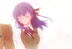 Rule 34 | 1girl, breasts, brown vest, closed eyes, closed mouth, fate/stay night, fate (series), hair ribbon, homurahara academy school uniform, long sleeves, matou sakura, medium breasts, medium hair, neck ribbon, purple hair, ribbon, school uniform, sen (0snow), shirt, smile, solo focus, upper body, vest, white shirt