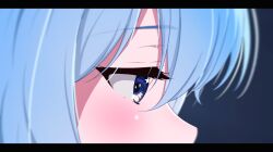 Rule 34 | 1girl, blue eyes, blue hair, blush, close-up, commentary, diootaro, eye focus, from side, highres, hololive, hoshimachi suisei, letterboxed, profile, solo, star (symbol), star in eye, symbol in eye, virtual youtuber