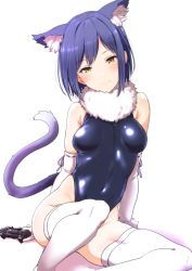 Rule 34 | 1girl, animal ears, blue hair, blush, breasts, cat ears, cat tail, clearite, closed mouth, controller, covered navel, dualshock, elbow gloves, game controller, gamepad, gloves, head tilt, leotard, looking at viewer, medium breasts, nijisanji, playstation controller, ribbon-trimmed gloves, ribbon trim, shiny clothes, shizuka rin, short hair, simple background, sitting, smile, solo, tail, thighhighs, virtual youtuber, white gloves, white thighhighs, yellow eyes