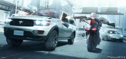 Rule 34 | 1girl, absurdres, black jacket, blood, building, car, city, copyright notice, day, expressionless, firefight, firing, grey eyes, grey hair, gun, highres, highway, holding, holding gun, holding weapon, jacket, license plate, long sleeves, motion blur, motor vehicle, motorcycle, original, outdoors, porsche, porsche 911, porsche 996, riding, road, short hair, side-view mirror, sports utility vehicle, street, submachine gun, swav, vehicle chase, weapon, white hair