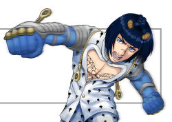 Rule 34 | 1boy, blue eyes, blue gloves, blue hair, bob cut, bruno bucciarati, clenched hand, clothing cutout, gloves, hair ornament, hairclip, highres, jacket, jojo no kimyou na bouken, looking at viewer, motion blur, patterned, patterned clothing, pectoral cleavage, pectorals, piiiiiko, portrait, punching, simple background, upper body, vento aureo, white jacket