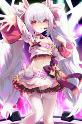 Rule 34 | 1girl, animal ears, arm up, azur lane, bare shoulders, big hair, bikini, black bow, bow, bow skirt, bowtie, chestnut mouth, choker, concert, crop top, detached sleeves, fake animal ears, feet out of frame, flat chest, frilled skirt, frills, hair between eyes, hair bow, hand up, highres, kanashi kumo, knees together feet apart, laffey (azur lane), layered skirt, light blush, lights, long hair, long sleeves, looking at viewer, micro bikini, microphone, midriff, miniskirt, multicolored clothes, multicolored shirt, multicolored skirt, multiple hair bows, navel, open mouth, outstretched arm, pink bow, plaid, plaid bow, red eyes, skirt, solo, stage, stage lights, standing, strapless, swimsuit, thighhighs, tube top, twintails, very long hair, white hair, white sleeves, white thighhighs