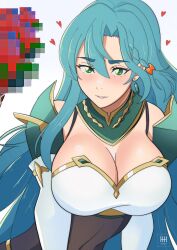 Rule 34 | 1girl, aqua hair, bare shoulders, bow, braid, breasts, censored, chloe (fire emblem), cleavage, commentary, earrings, fire emblem, fire emblem engage, green eyes, grey background, grin, hair bow, highres, ihsnet, jewelry, large breasts, long hair, mosaic censoring, nintendo, orange bow, parted lips, smile, solo, upper body, very long hair