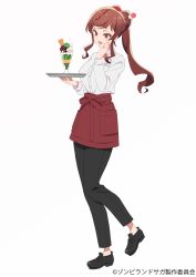 Rule 34 | 1girl, absurdres, black footwear, black pants, bow, bowtie, brown hair, commentary request, food, fruit, full body, hair ornament, hairpin, high ponytail, highres, ice cream, long hair, long sleeves, no socks, official art, open mouth, pants, parfait, plaid bow, plaid bowtie, plaid neckwear, red eyes, shirt, solo, tray, waitress, white background, white shirt, yuugiri (zombie land saga), zombie land saga