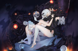 Rule 34 | 10s, 2girls, absurdres, abyssal ship, abyssal twin princess (black), ankle wrap, artist name, barefoot, black hair, breasts, dress, elbow gloves, gas mask, gloves, glowing, glowing eyes, hair between eyes, headgear, highres, holding hands, interlocked fingers, kantai collection, kneeling, leaning on person, legs, looking at viewer, mask, medium breasts, multiple girls, night strait princess (white), oxygen mask, short dress, short hair, sitting, sleeveless, sleeveless dress, thighhighs, toeless legwear, toes, underwater, white hair, yellow eyes, yun lin